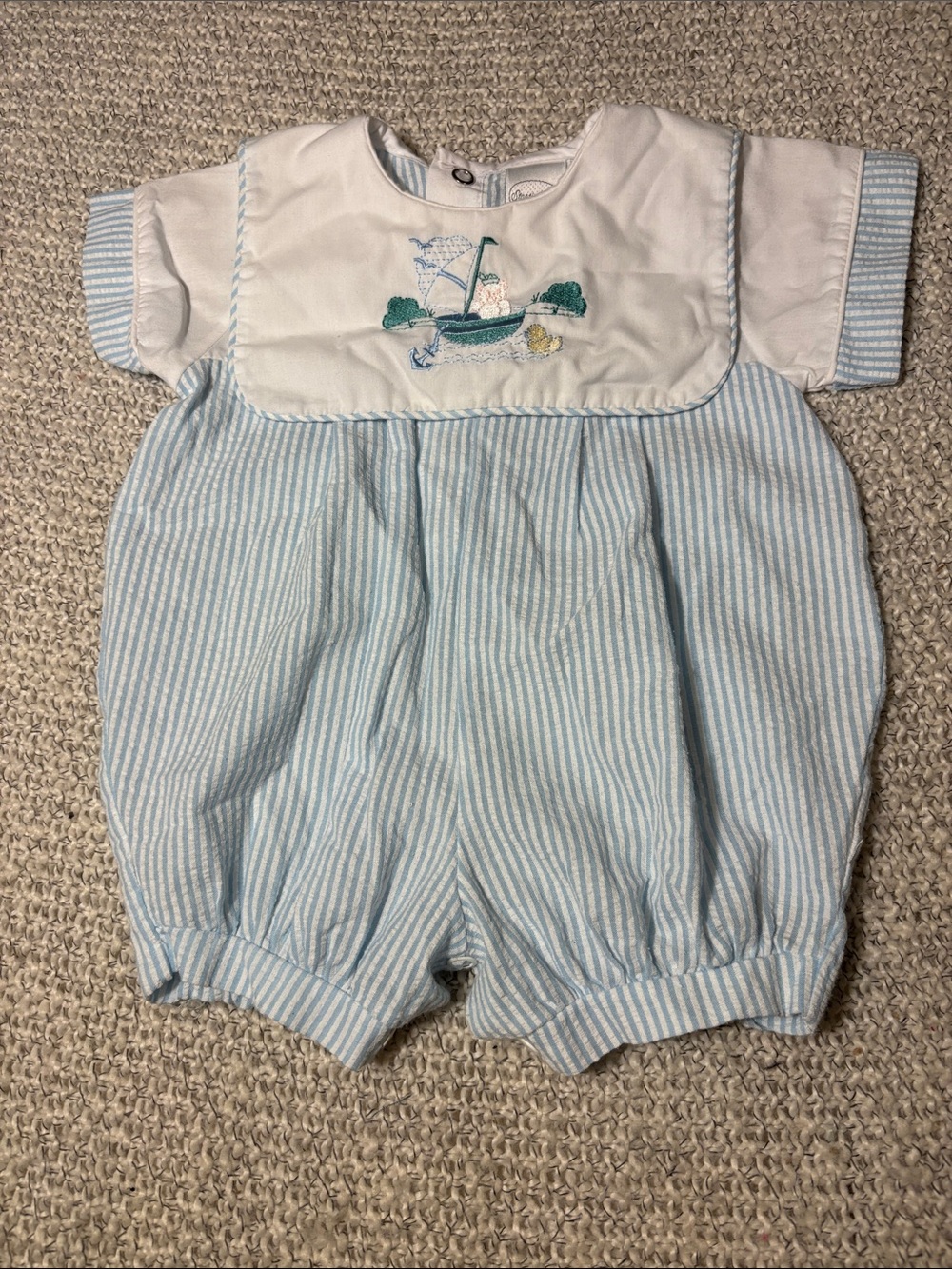 Vintage Seersucker Baby Bubble Romper with Sailboat Embroidery USA
